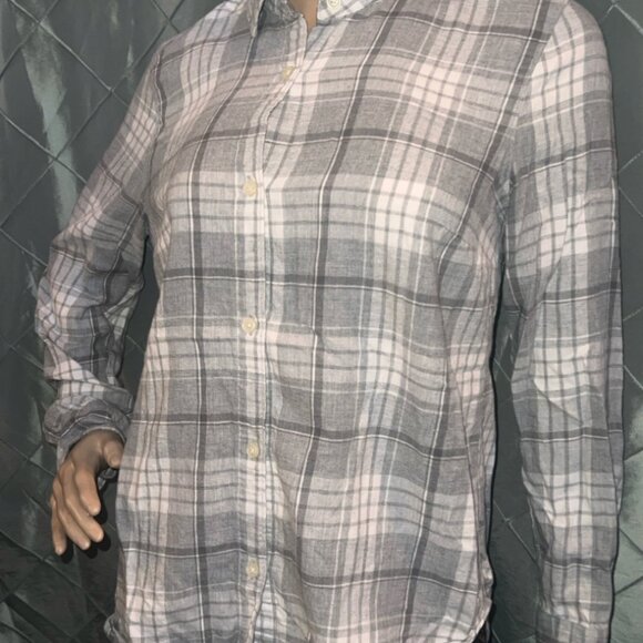 Old Navy Women Small Classic‎ Plaid Grey White Button Up Long Sleeve Shirt (GS3) - Picture 2 of 7